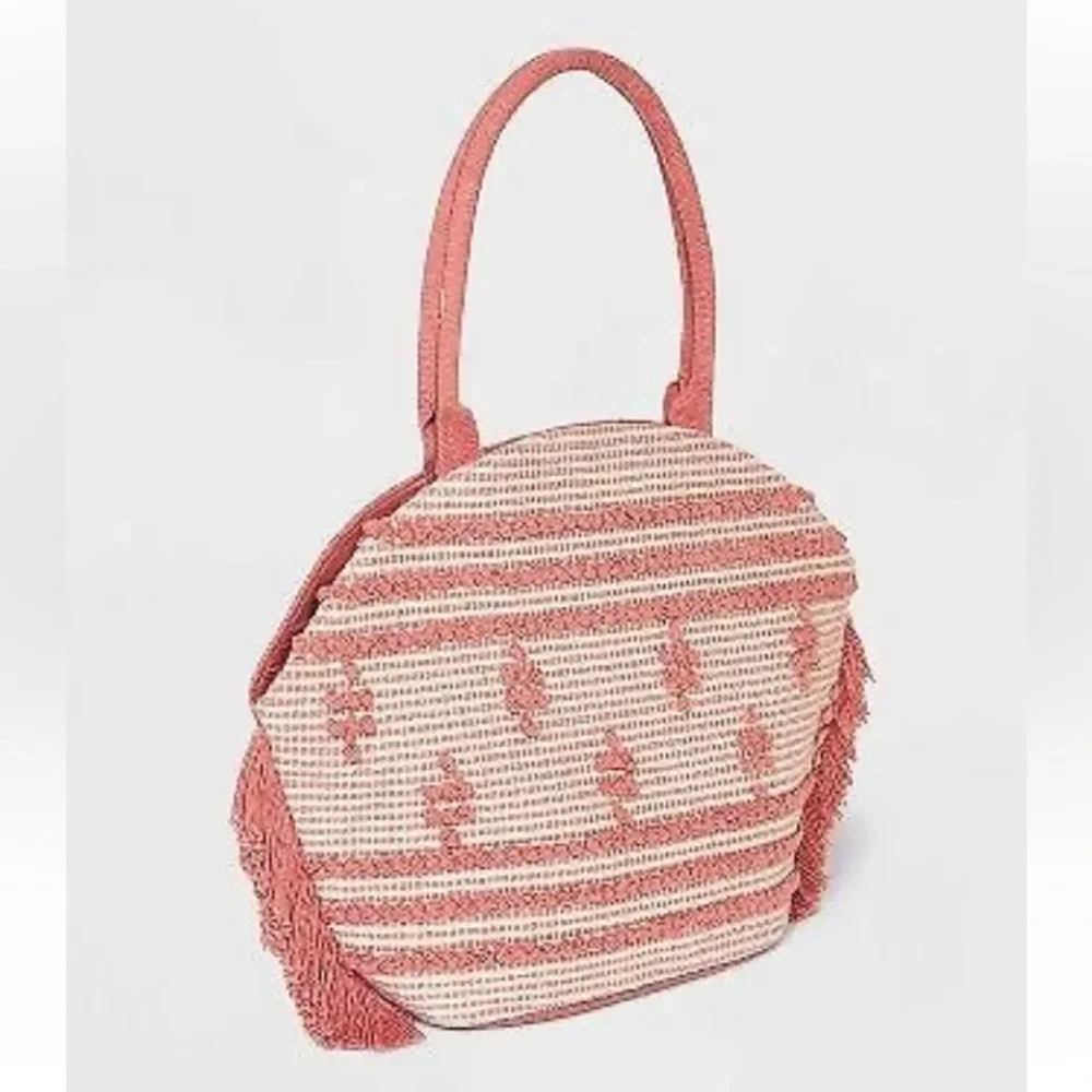 Shade & Shore Pink Straw Fringe Beach Tote Handbag